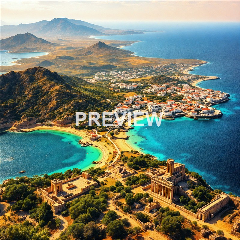 An aerial view of a coastal landscape featuring turquoise beaches, a small town with white buildings, lush green hills, and ancient ruins in the foreground, with mountains and the sea in the background.